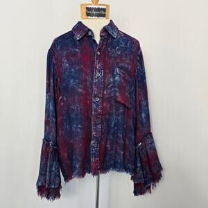 Vintage Havana Blue Red Button Down Long Bell Sleeves w/fringe Top Sz Small (675
